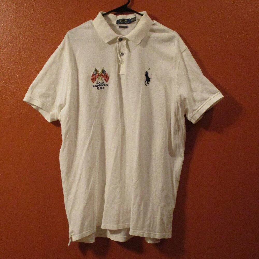 Polo Ralph Lauren Shirt Men X X Large White Blue Black Pony Flag Shirt